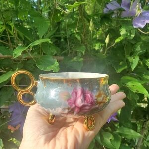 VINTAGE Royal Halsey Three Footed Lustreware Teacup Rose Floral Gold Trim 1950's
